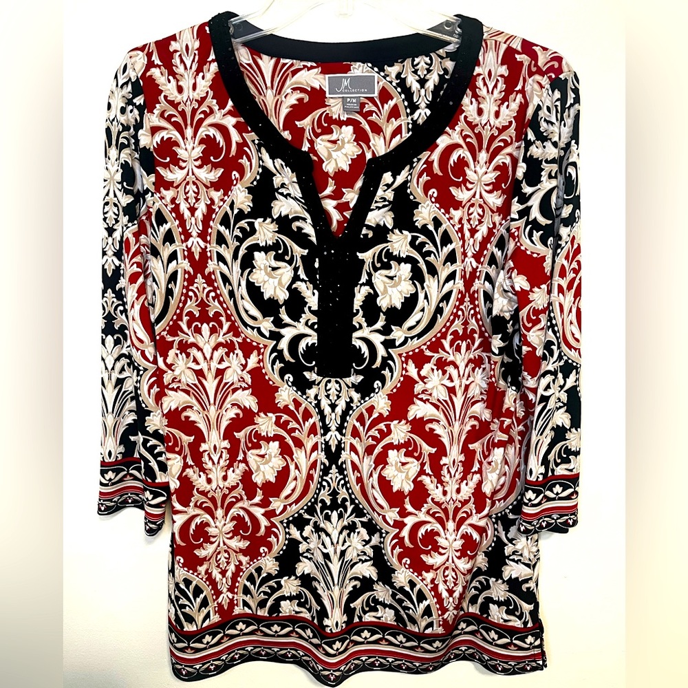 JM Collection 3/4 Sleeve rhinestone studded Tunic blouse P/M